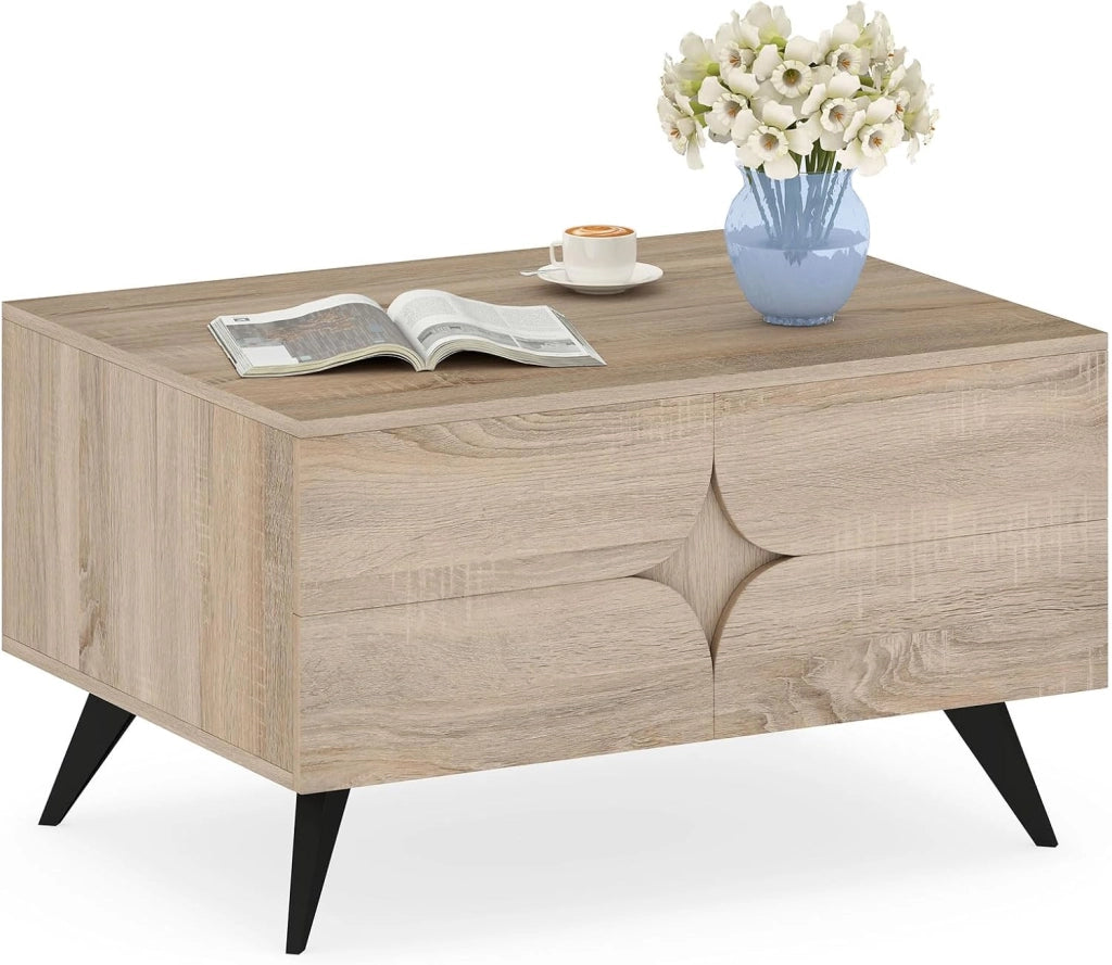 Tavolino da Salotto Moderno con Contenitore, Tavolino da Caffè con Scomparto Posteriore Aperto, 3 Ante e 4 Gambe Rialzate, Tavolo Centrale in Legno per Soggiorno, Studio e Ufficio