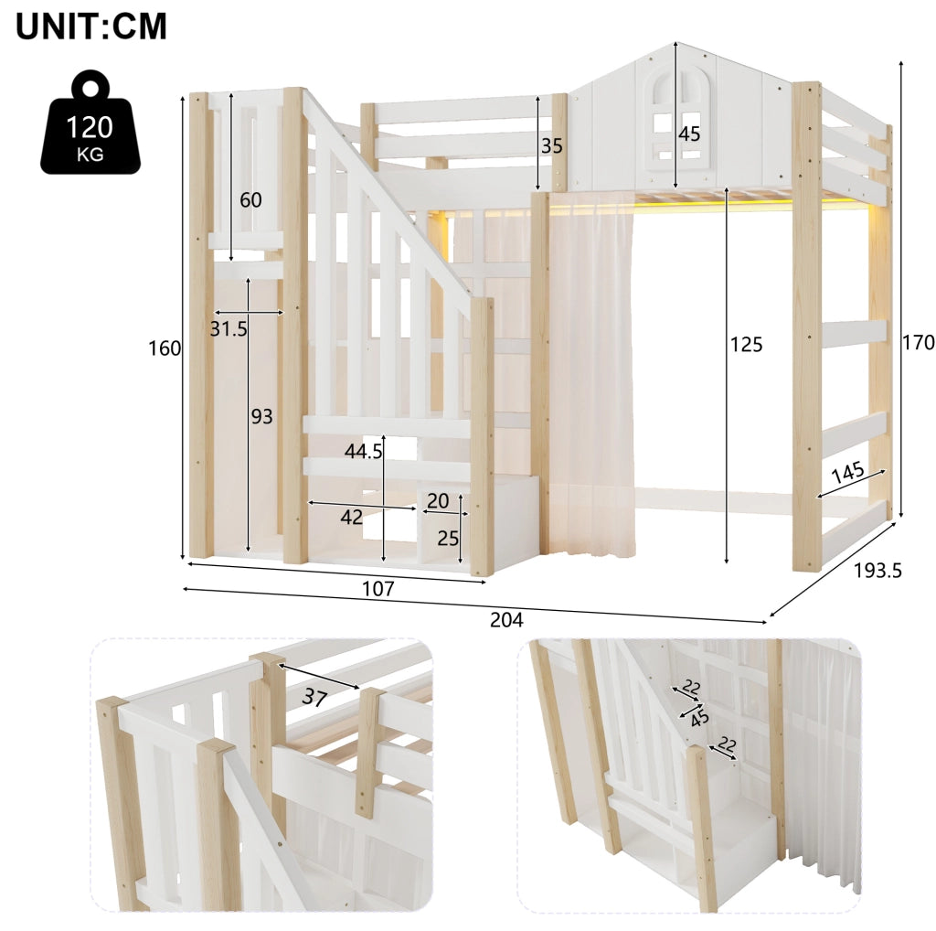 Letto a soppalco 140x200 cm con LED, scala contenitore