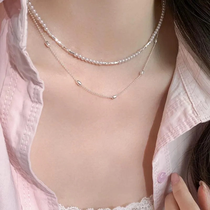 Collana a doppio strato di perle d'argento fatta a mano, regalo di Natale o di compleanno.