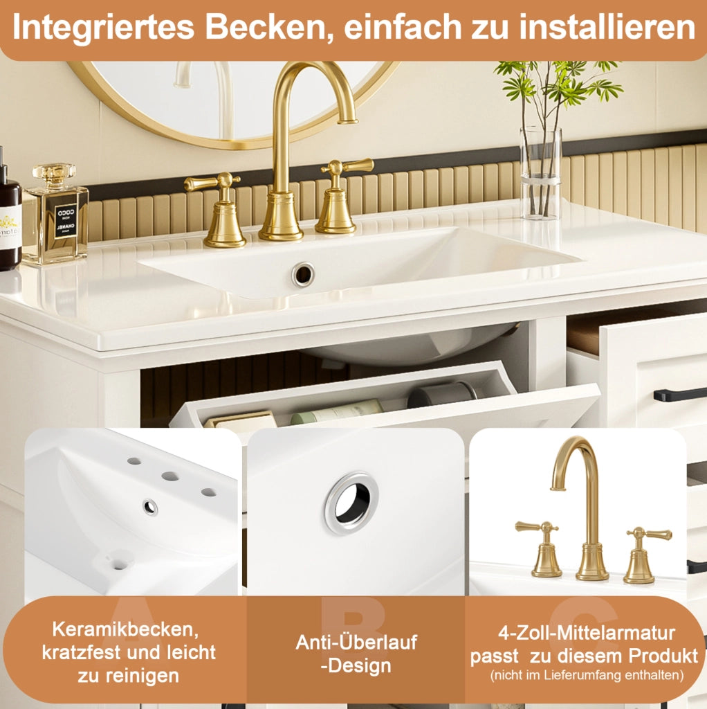 Mobile bagno da terra bianco con lavabo in ceramica, 4 cassetti e ante