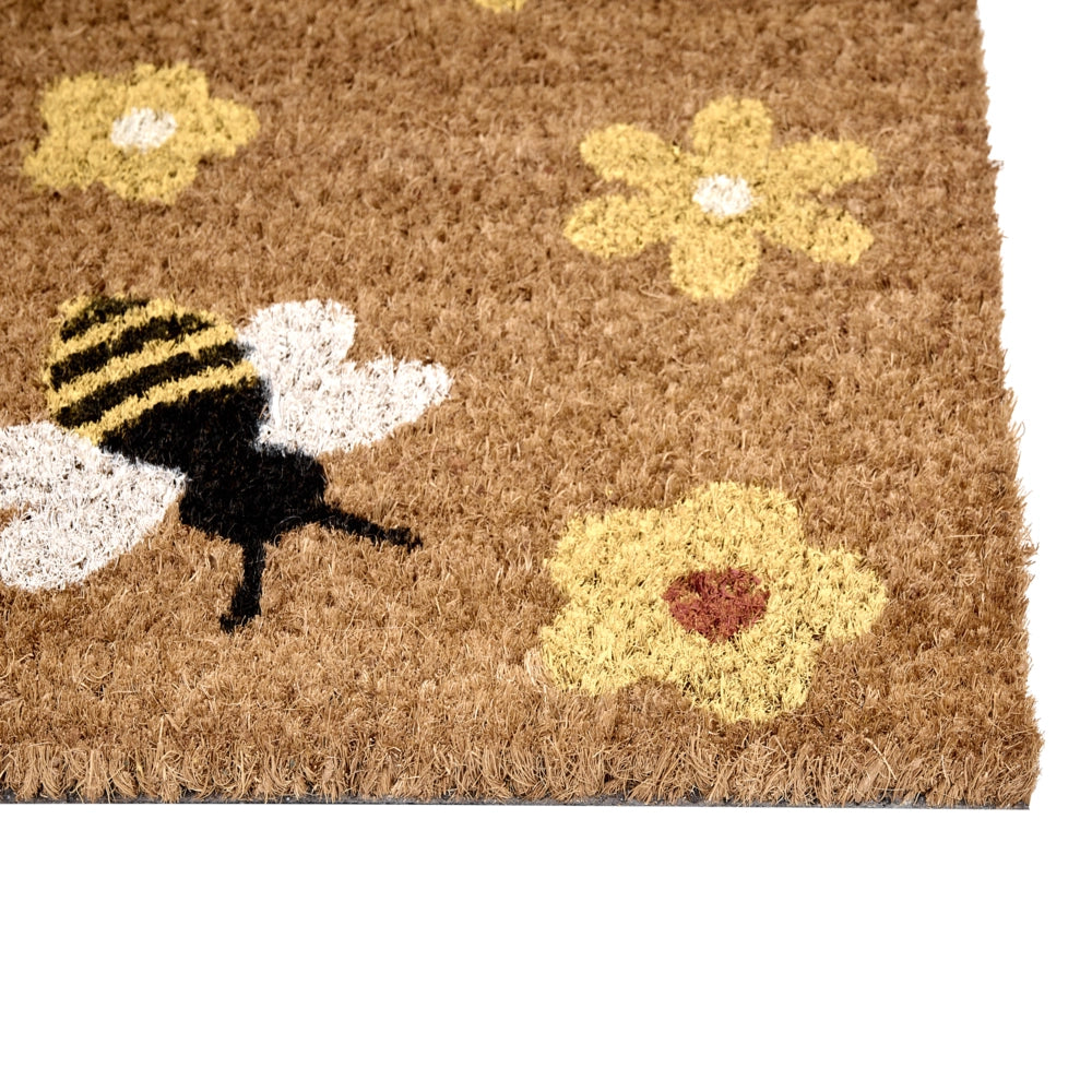 Zerbino in fibra di cocco naturale con fondo antiscivolo in PVC 45 x 75 cm Decorazione con motivo api e fiori