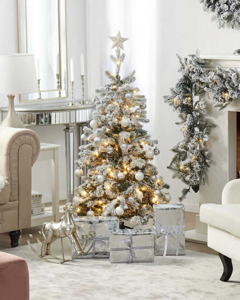 Albero di Natale artificiale innevato preilluminato con supporto in metallo 120 cm bianco