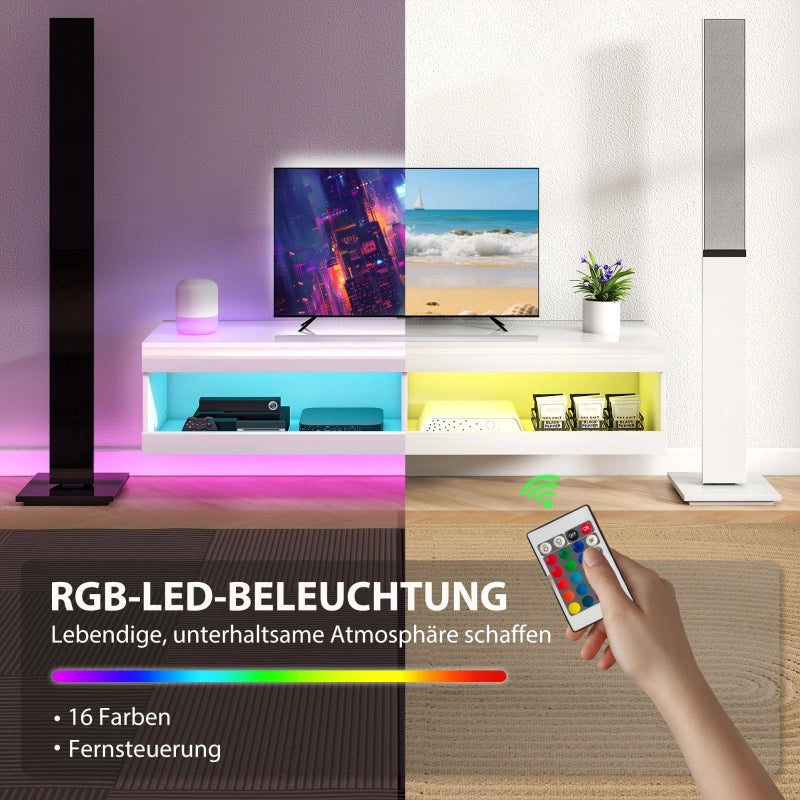 Mobile porta TV sospeso con LED RGB e 2 vani aperti per soggiorno in legno bianco lucido 140 × 40 × 30 cm
