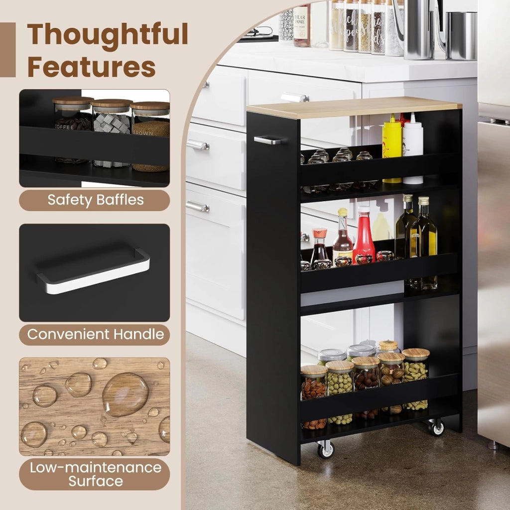 Carrello per Nicchia con Ruote, 4 Livelli，Carrello di Servizio Stretto Salvaspazio, da Bagno, Scaffale da Cucina Sottile 47,5 x 13 x 80,5 cm (Naturale+Nero, Largo 25 cm)