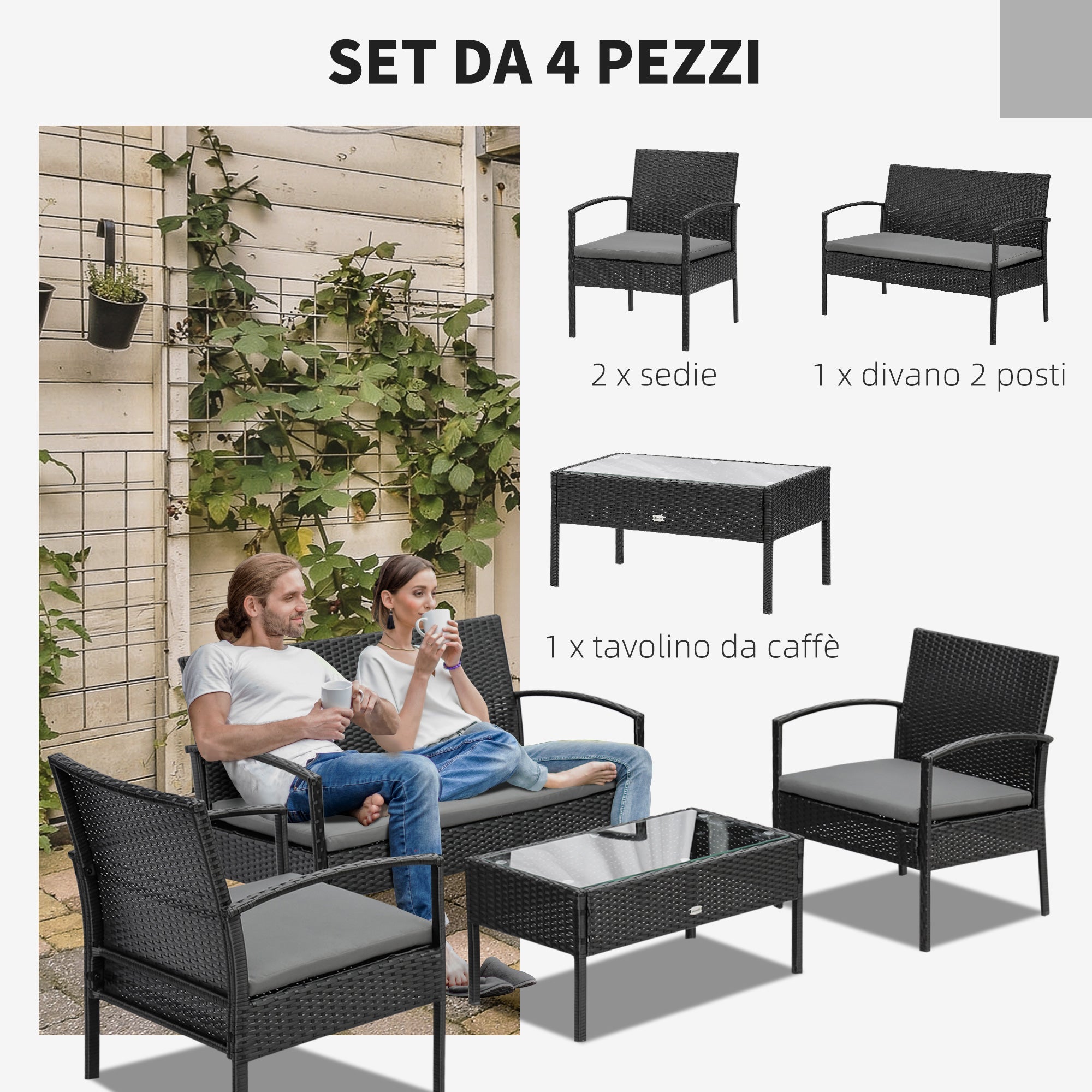 Set Salotto da Giardino Divano 2 Poltrone e Tavolino Nero