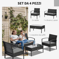 Set Salotto da Giardino Divano 2 Poltrone e Tavolino Nero