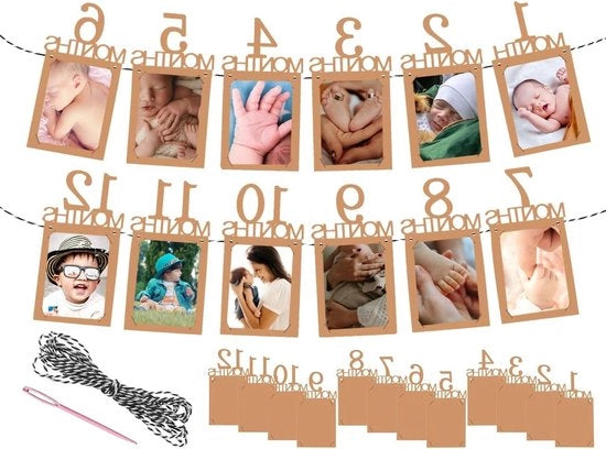Fotokrans per Primo Anniversario - Slinga per Foto per Bambini - 1 a 12 Mesi - Carta Kraft - Slinga per Decorazione di Muro