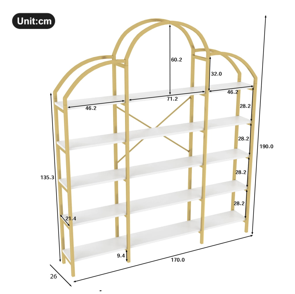 Scaffale a 5 ripiani in metallo e MDF, stile essenziale, oro e bianco