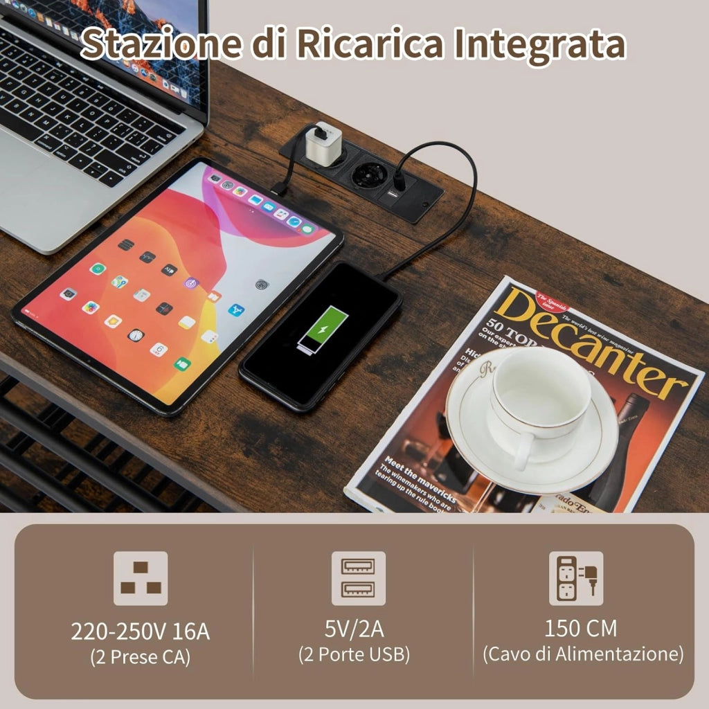 Mobiletto Portabottiglie da Vino a 3 Livelli, con Ripiani di Stoccaggio, Porta Bicchieri, Porta Bottiglie, Prolunghe Elettriche, per Soggiorno Cucina, Bar, 120 x 40 x 92 cm (Marrone)