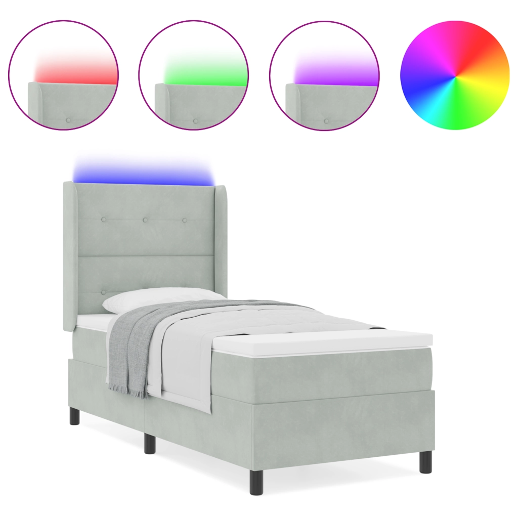 Letto con Box Spring e Materasso & LED Grigio Chiaro 90x190 cm Velluto