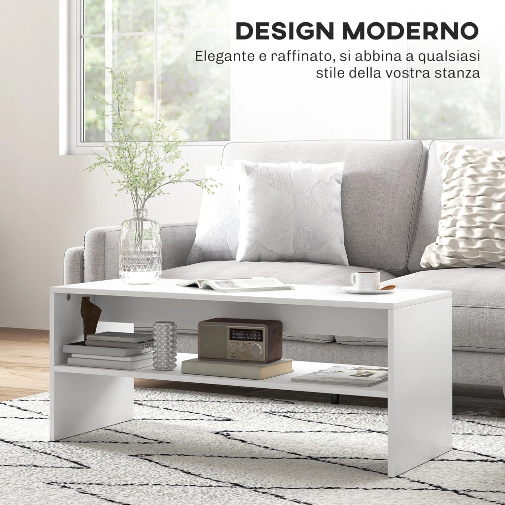 Tavolino da Caffè Moderno 100x40x41,5 cm a 2 Livelli con Vani a Giorno in Legno Bianco