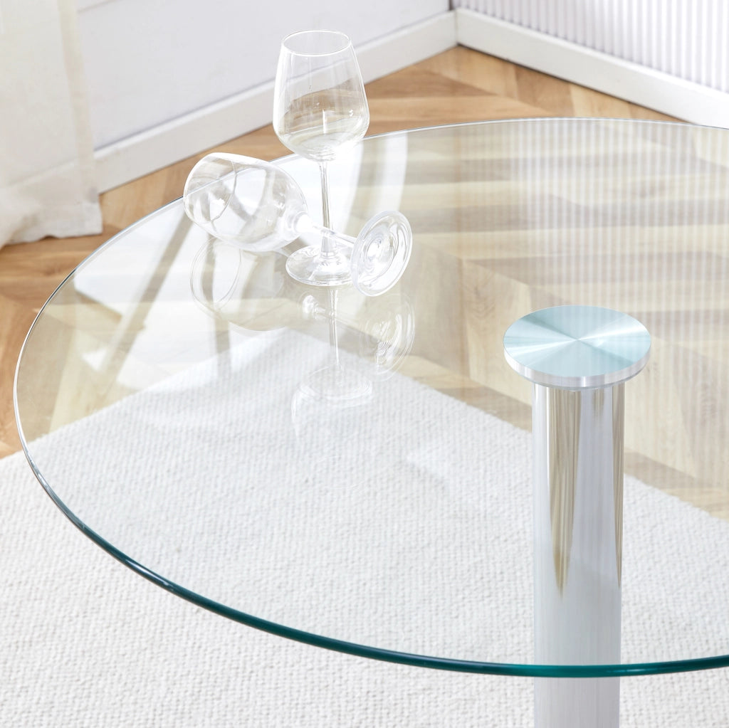 Tavolo bar rotondo in vetro trasparente e metallo argento 89 cm