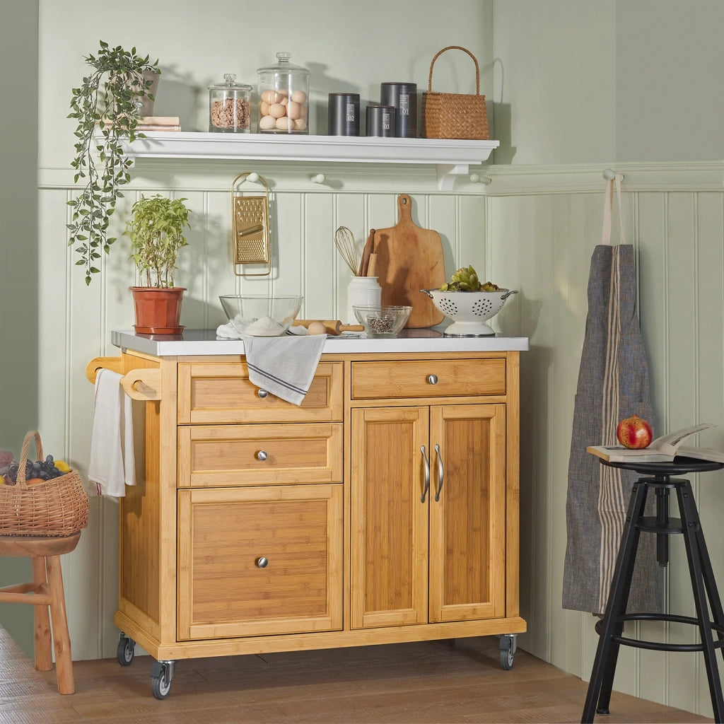 Carrello Cucina Credenza Legno Piano Lavoro Cucina Piano in Acciaio FKW70-N