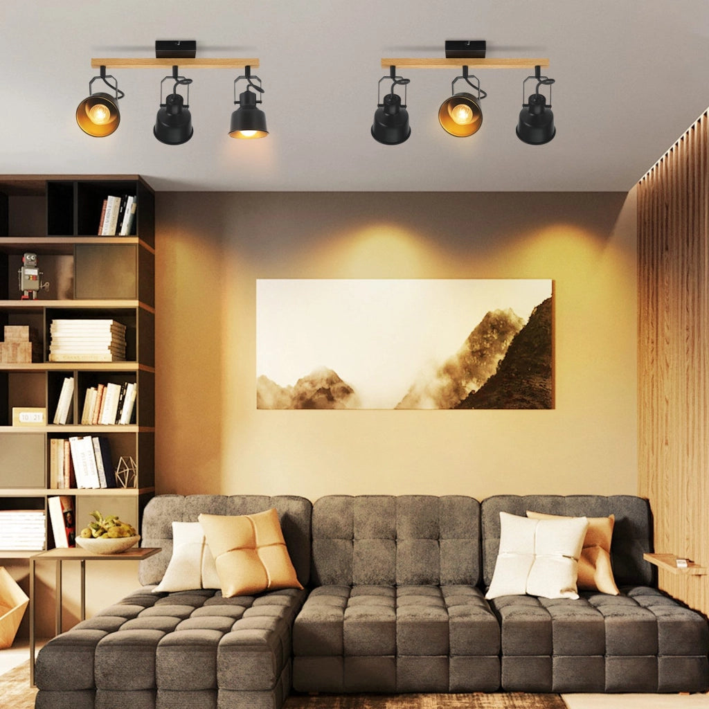 ZMH Faretto da Soffitto Vintage 3 Lampade Nero 25W Attacco E14 Industriale Venatura Legno per Soggiorno Senza Lampadine