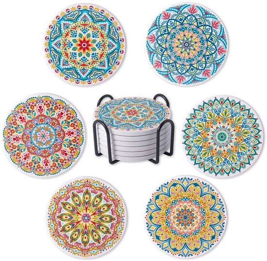 Set di 6 sottopiani ceramici, sottopiani con supporto, sottopiani per tavolo salotto, assorbenti per bevande, decorazione per cucina e sala da pranzo, diametro 10 cm, verde