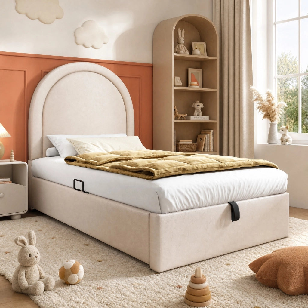 Letto imbottito per bambini 90x200 cm in PU beige con contenitore e rete a sollevamento idraulico