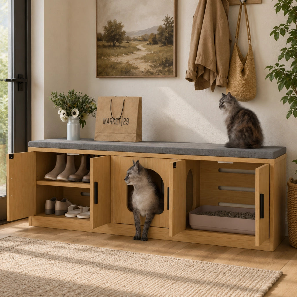 Mobile per gatti 140x40x45.5 cm 4 in 1 con ventilazione e tappetino graffi; truciolare; rovere