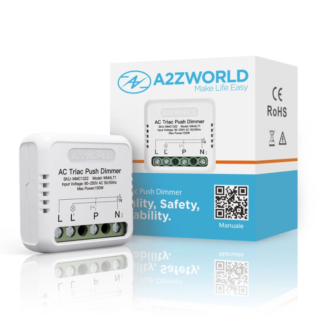 Push AC Triac Dimmer, Pulsante Comando Fase o Neutro, 220V 150W, Regolabile 10-100%, Sincronizzabile e Memoria, per Lampada Led Dimmerabile Taglio di Fase