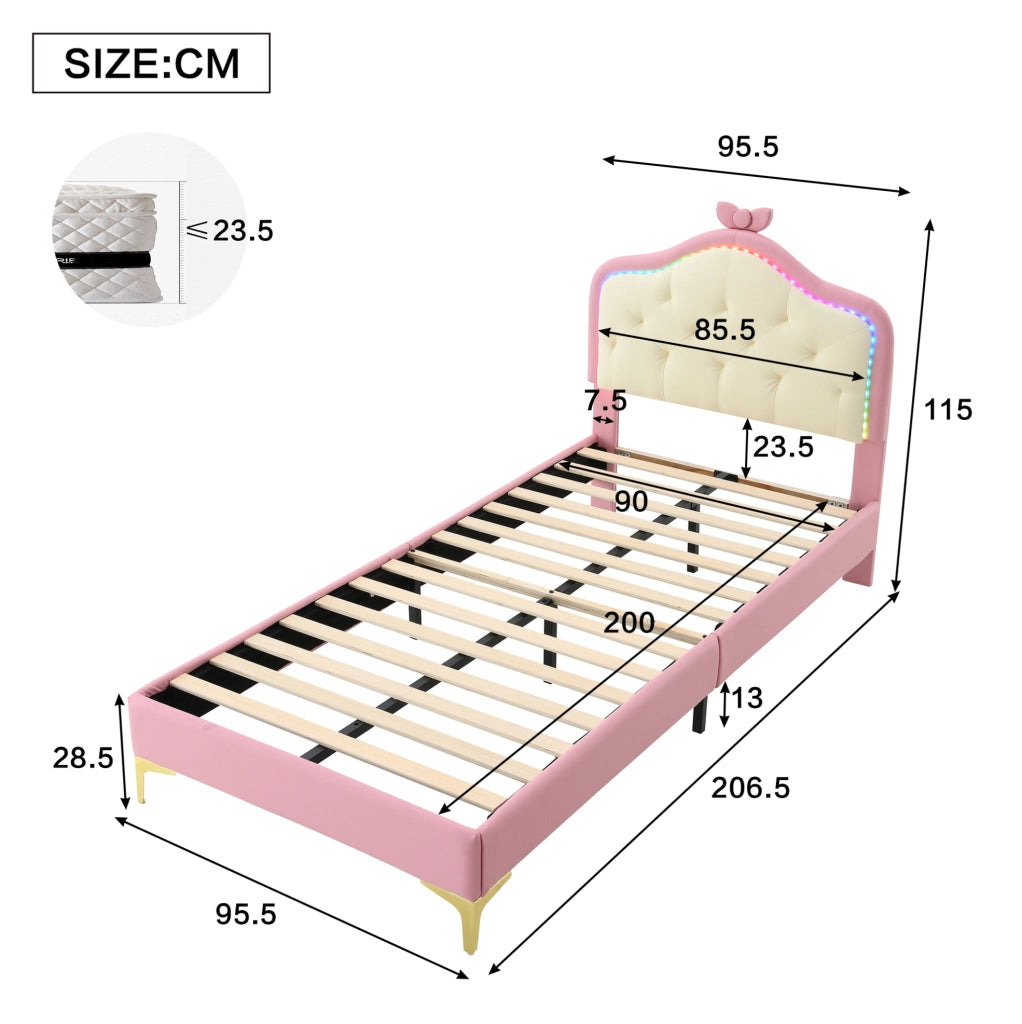 Letto imbottito 90x200 cm con LED e fiocco in PU bianco e rosa