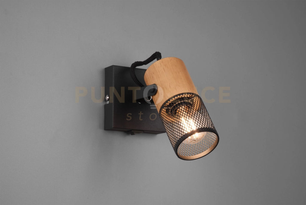 TOSH SPOT CILINDRO GABBIA METALLO NERO OPACO E LEGNO L. 13,7CM 1 LUCE ATTACCO E14