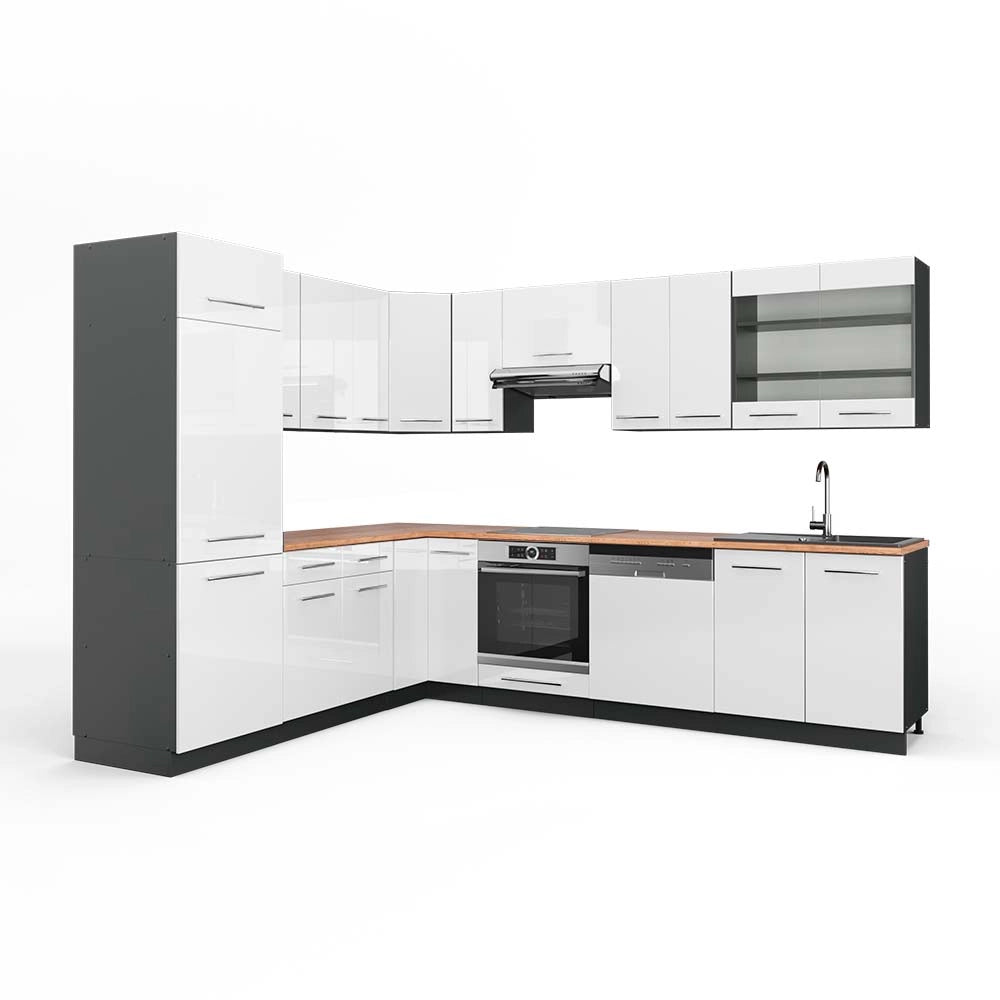 Cucina angolare completa Fame-Line Bianco lucido/Antracite 287 x 60 cm, PL Rovere Vicco