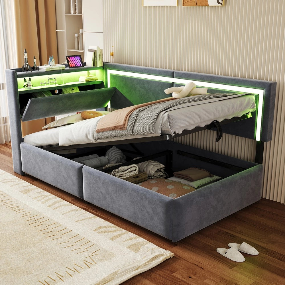 Letto Imbottito Contenitore con LED ¨C MINIMAL ¨C Velluto Grigio Scuro 90x200