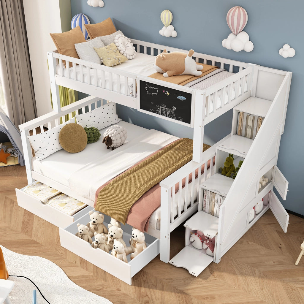 Letto a Castello 90x200 cm; Letto Singolo - Lavagna; Cassetti; Contenitore - Bianco