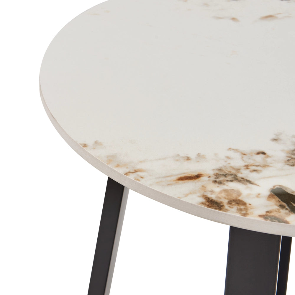 Tavolino nero con piano in ceramica bianca Struttura in metallo Rotondo effetto marmo Design moderno