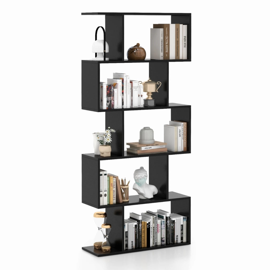 Scaffale a 5 ripiani con dispositivo antiribaltamento-Libreria geometrica a forma di S Nero