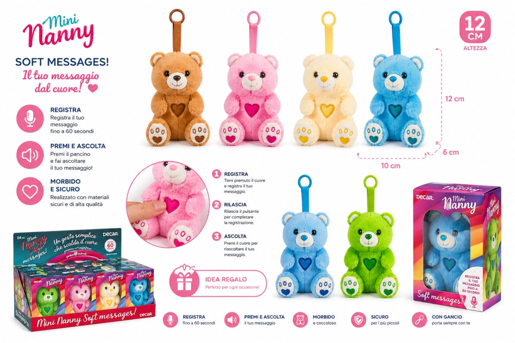 Orsetto Peluche con Registrazione Vocale, 12 cm, Portachiavi, 6 Colori, Regalo per Bambini Orsetto Peluche con Registraz