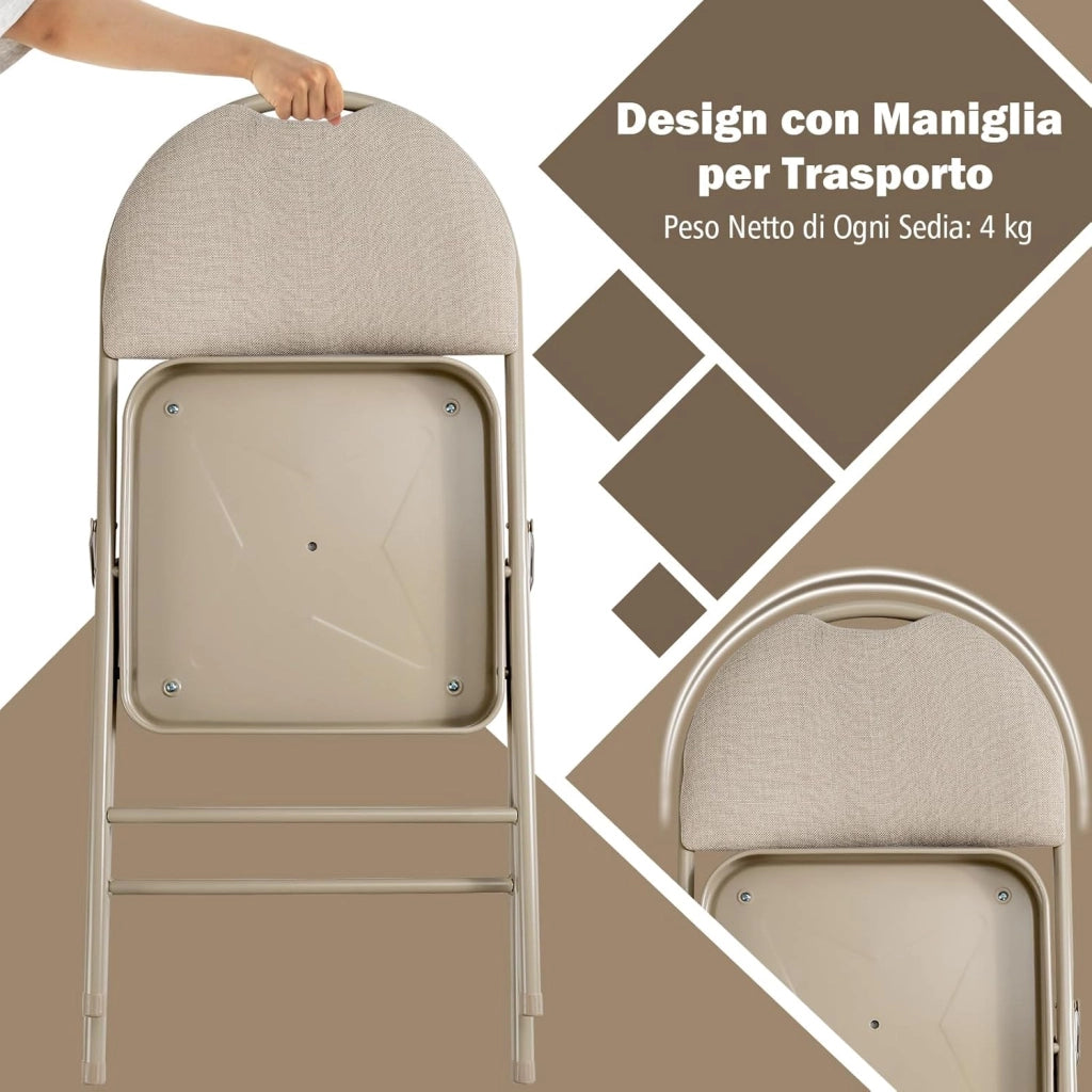 Set di 4 Sedie Pieghevoli, Sedie da Pranzo con Seduta Imbottita e Schienale Rivestito in Tessuto, con Gambe in Metallo, Sedia Portatile per Soggioro, Ufficio, Portata 120 kg (Beige)