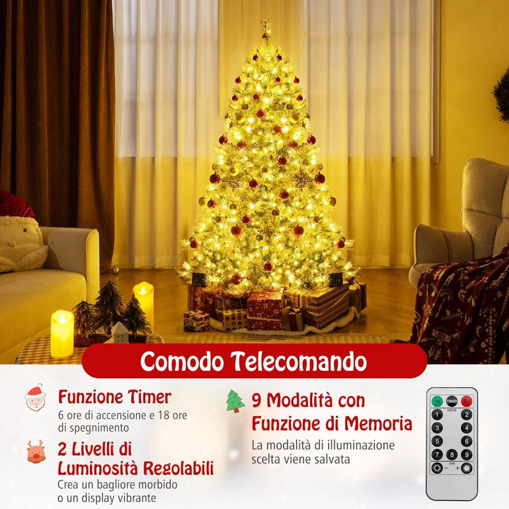 Albero di Natale Artificiale 180 CM, Albero di Natale Pre-Illuminato con 350 Luci LED Multicolore e Calde, 9 Modalità, 598 Punte di Pino, 42 Pigne e 42 Bacche Rosse