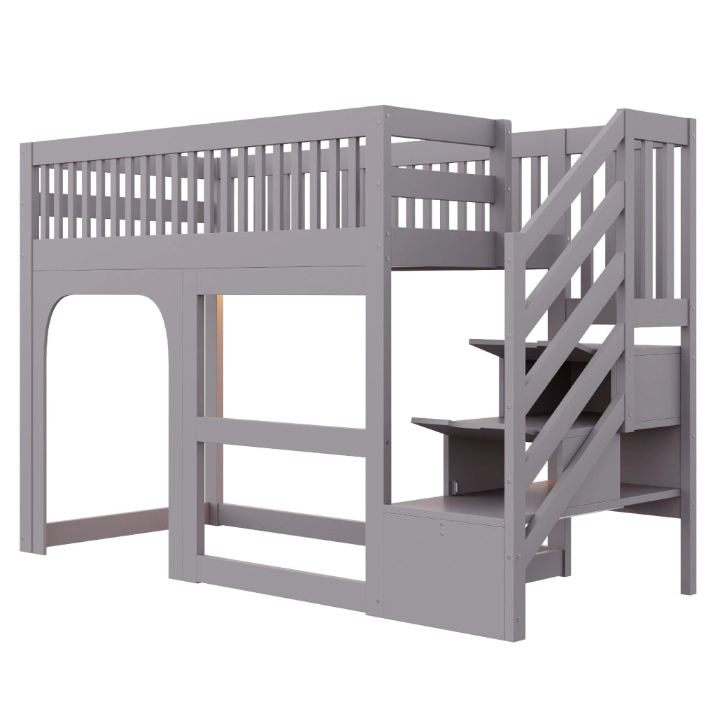 Letto a soppalco per bambini 90x200 cm in legno grigio con scala contenitore e LED