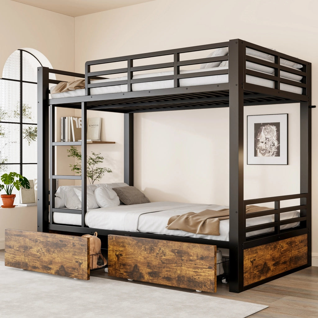 Letto a castello 90x200 cm, struttura in metallo, 2 cassetti, letto per bambini, nero