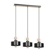 Lampadario 3 Luci Zhurong In Acciaio Nero E Paralumi Con Legno Naturale