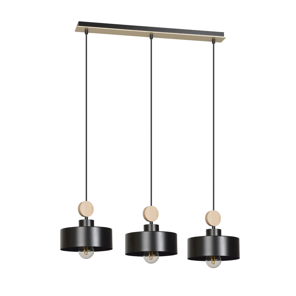 Lampadario 3 Luci Zhurong In Acciaio Nero E Paralumi Con Legno Naturale