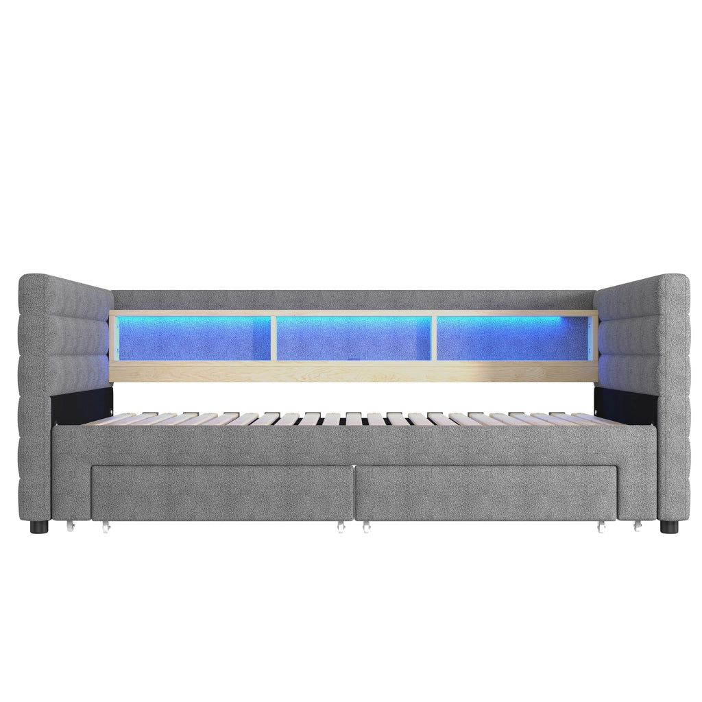 OKWISH Letto a Scomparsa 90×190 cm, Letto Singolo con USB, Tipo C, 2 Cassetti, Vani e LED, senza Materasso, in Velluto, Grigio