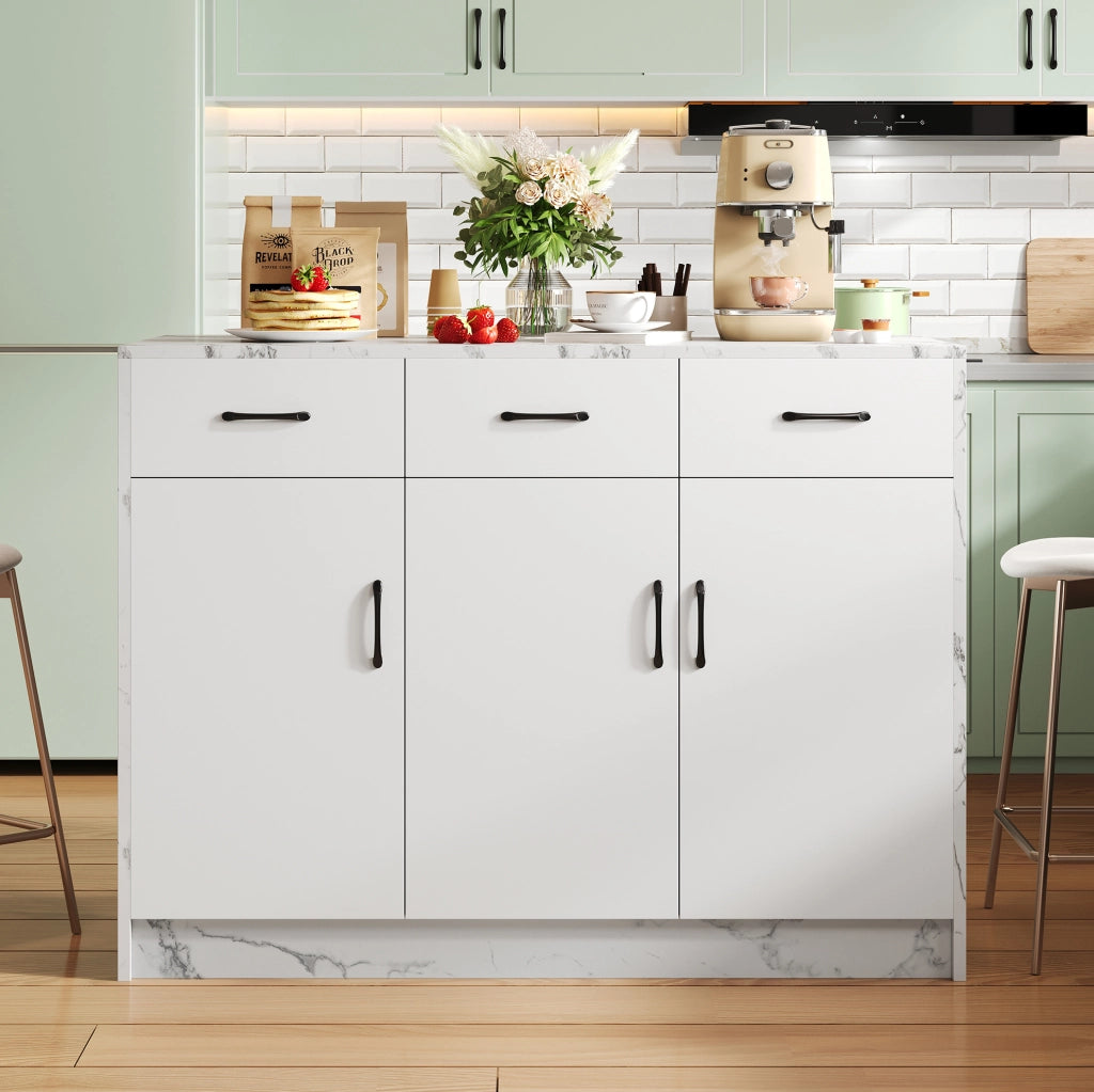 Isola cucina 120x60x90;5 cm con 3 cassetti; 3 ante e area bar; MDF; bianco marmo