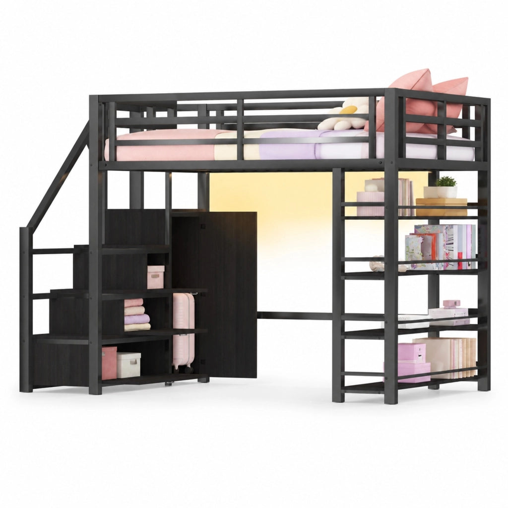 Letto a soppalco 140x200 con libreria, armadio, scala contenitore e LED