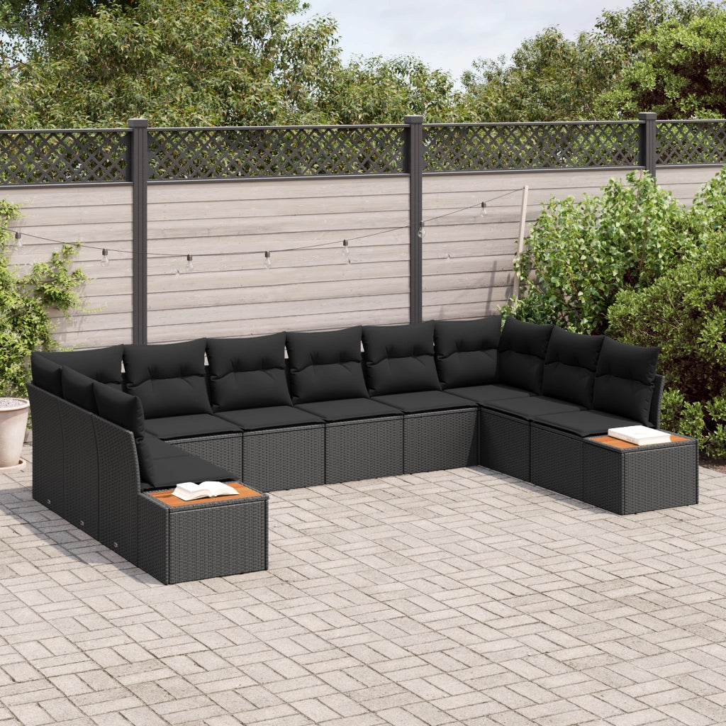 Set Divano da Giardino di 10 Pezzi con Cuscini Nero in Polyrattan Acacia