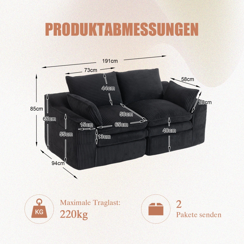 Divano 2 posti ULEVR 191x94x85 cm in velluto a coste nero con cuscini e tasche laterali