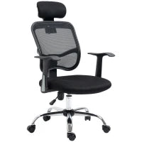 Sedia da Ufficio Ergonomica con Seduta Regolabile e Poggiatesta, in Poliestere e Acciaio, 63x62x106-114 cm, Nero