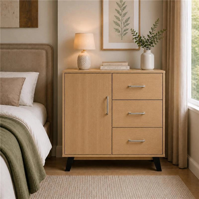 MOBILE MODERNO IN LEGNO CON 3 CASSETTI, 1 ANTA E PIANO D'APPOGGIO COLORE ROVERE DIMENSIONI 80X38X74 CM