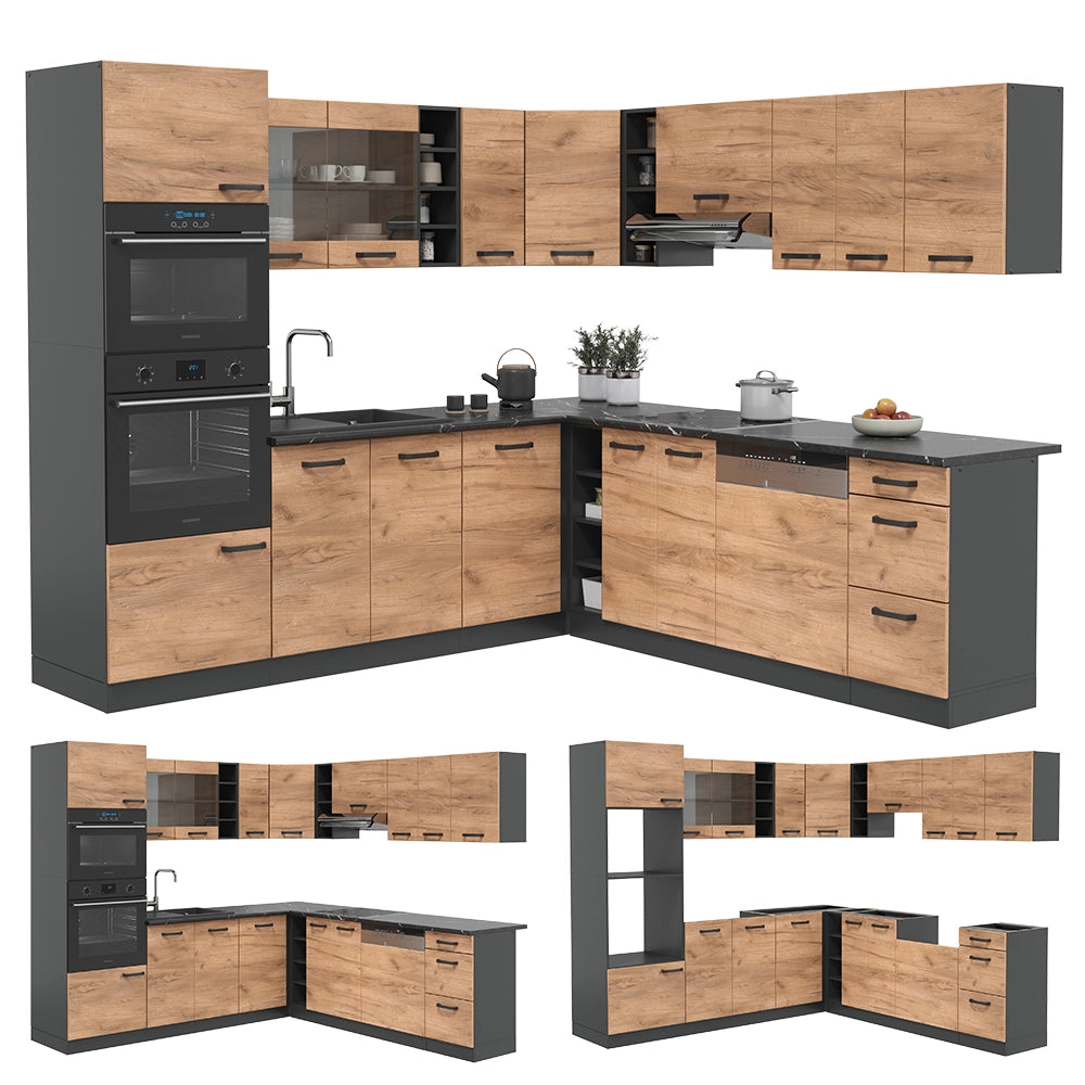Vicco Cucina angolare completa Quercia dorata/antracite 237 x 60 cm senza piano di lavoro