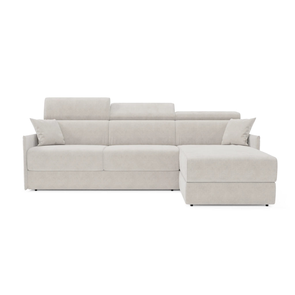 Miryam divano letto angolare compatto - poggiatesta reclinabili e penisola contenitore in tessuto smacchiabile T31 252 cm destro bianco
