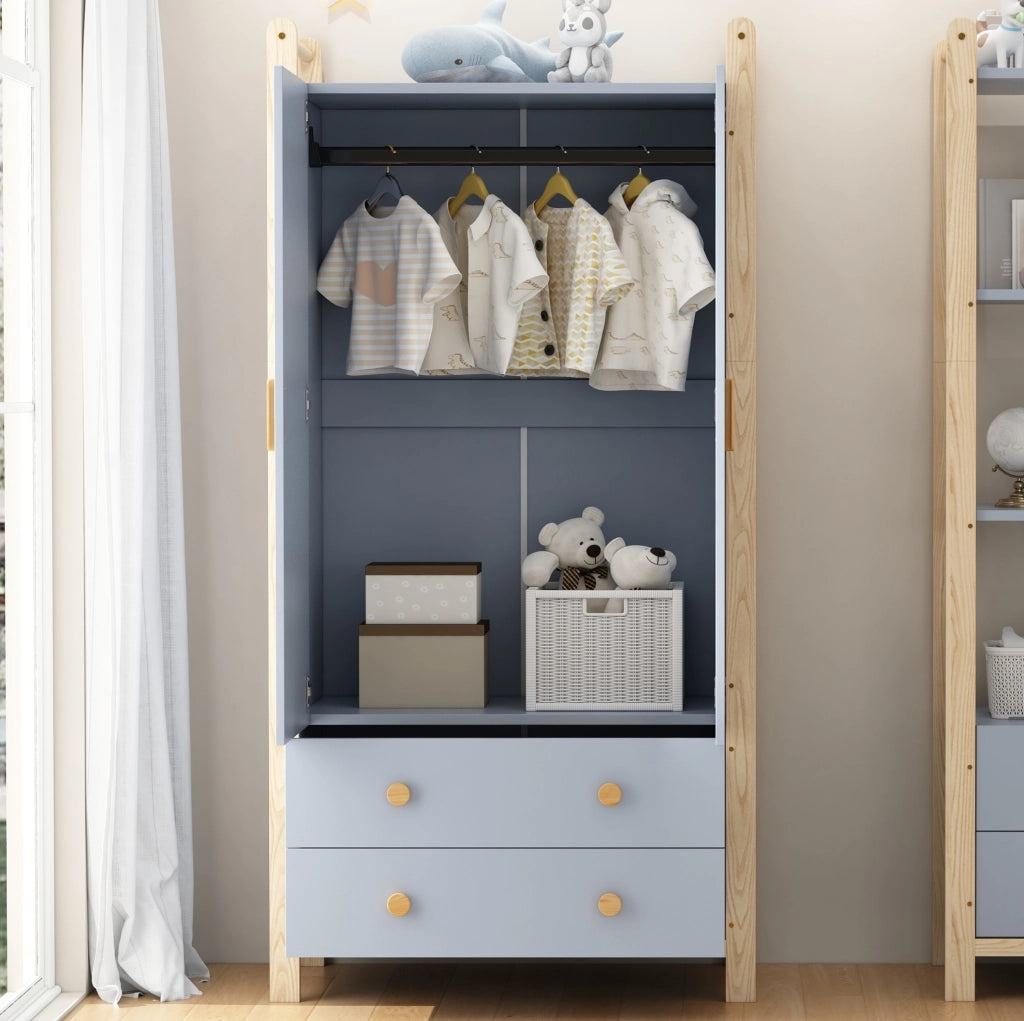 Set guardaroba e scaffale blu/naturale con cassetti, 180,5 cm