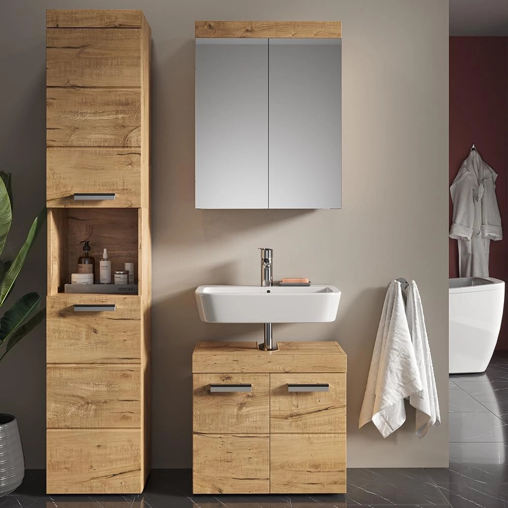 Mobile bagno alto Luna, Quercia Wotan, 37 x 190 cm, per montaggio a parete, combinabile con altri mobili Luna
