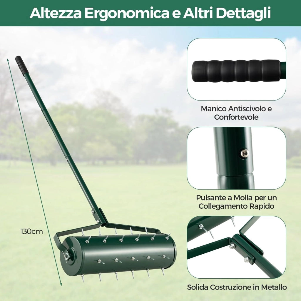 Arieggiatore Giardino 44/53 CM, Arieggiatore da Prato con Manico Rimovibile e Punte per Allentamento del Terreno, Arieggiatore Manuale per Prato, Giardino e Cortile (53 x 130 cm Verde)