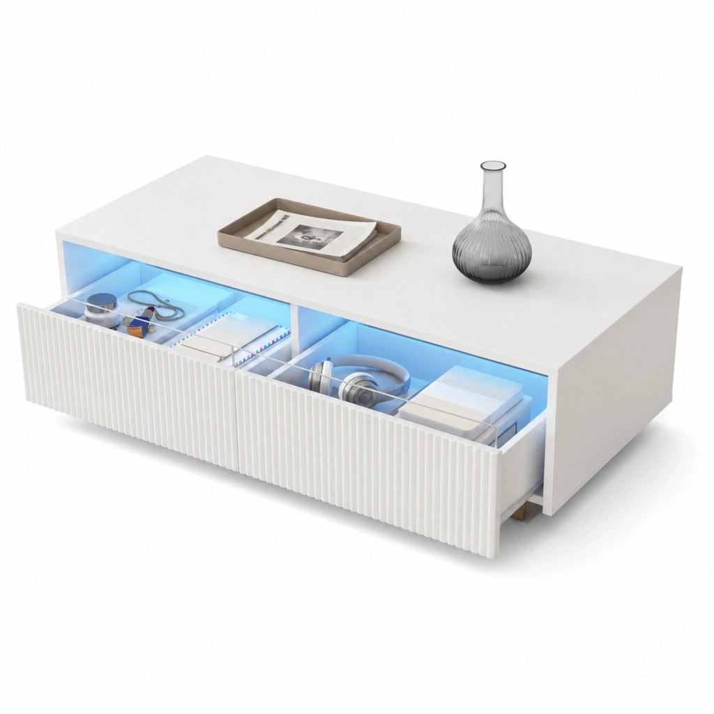 Tavolino da caffè moderno 110x50x40 cm in MDF bianco con LED e 2 cassetti