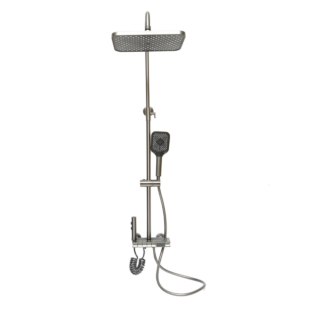 Set doccia multifunzionale con termostato, display digitale della temperatura dell’acqua, 4 funzioni di erogazione dell’acqua, bocca vasca, soffione doccia rettangolare, doccetta, doccia bidet, colore grigio.